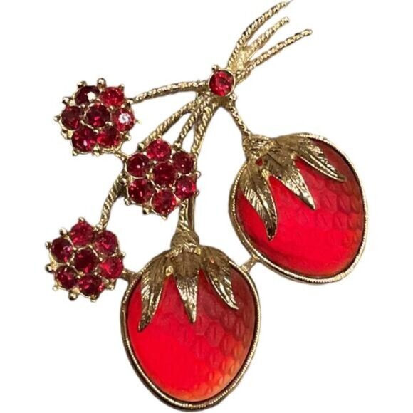 VTG Sarah Coventry Gold Tone Red Strawberry Frosted Glass Brooch Pin 1960's - Picture 5 of 7
